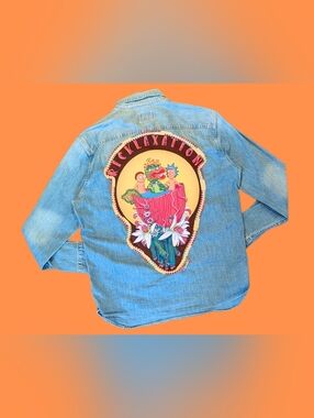 Handmade, Upcycled Rick and Morty Ricklaxation Light Denim Jacket Size L